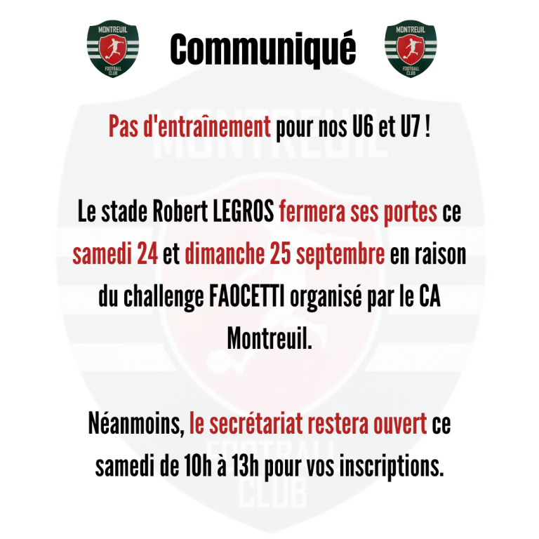 Pas d’entraînement ce samedi 24/09 pour nos U6 et U7