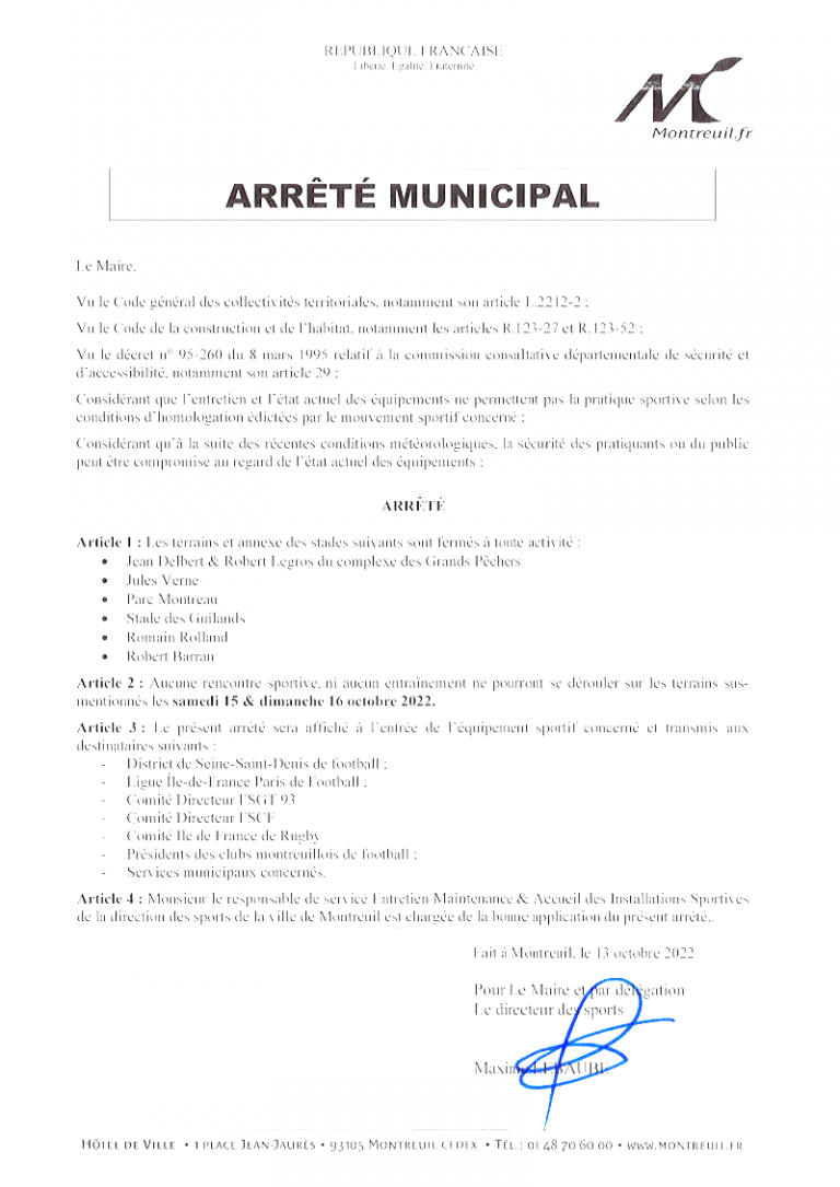 Arrêté municipal pour le week-end du 15 & 16 octobre